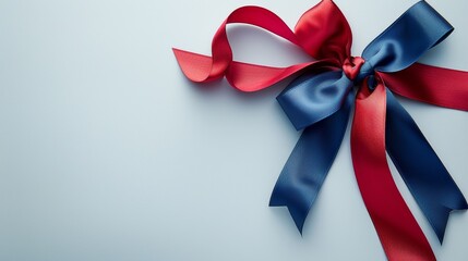 A red and blue satin ribbon bow on a light blue background, perfect for festive occasions or gift wrapping.