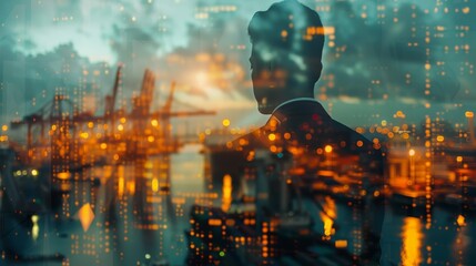 Fototapeta premium A silhouette of a businessman stands against a backdrop of a city skyline, illuminated by the glow of buildings and harbor lights.