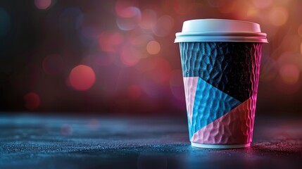 A single takeaway coffee cup stands on a dark surface with colorful bokeh lights in the background.