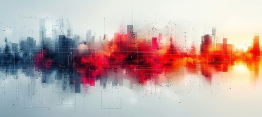 Abstract Cityscape with Red and Blue Smoke.
