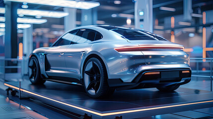 Obraz premium Futuristic Electric Car in High-Tech Showroom with Neon Lights and Sleek Design