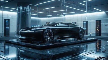 Futuristic Electric Car in High-Tech Showroom with Neon Lighting and Modern Design