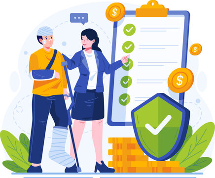 Insurance Concept Illustration. A Female Insurance Agent Explains Insurance Coverage to an Injured Man With Bandages and Crutches