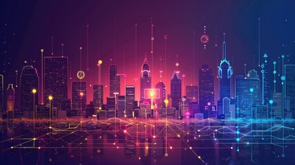 Futuristic Cityscape with Digital Technology Overlay and Vibrant Neon Colors
