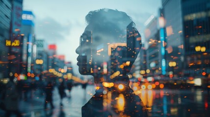 Fototapeta premium A man's silhouette is superimposed with a bustling cityscape, creating a surreal and abstract image of urban life.