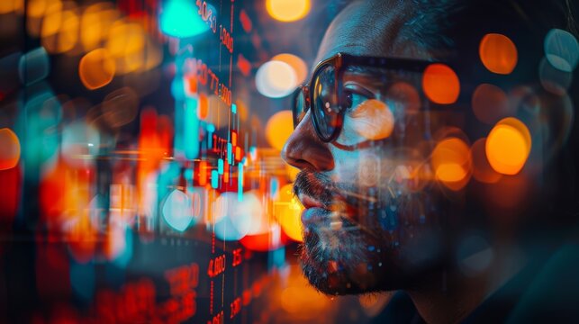 A man wearing glasses stands in front of a blurry background of colorful city lights.