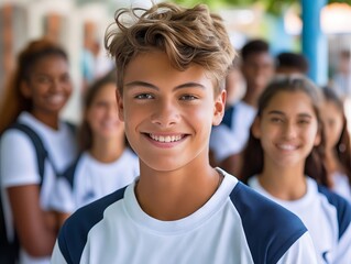 Fototapeta premium A young boy in a white shirt and blue shorts is smiling.