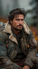 Fototapeta premium A man in an army jacket sitting on a rock.