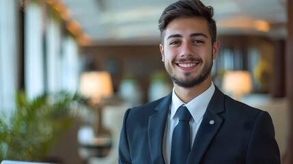 Fototapeta premium Confident Young Hotel Manager Smiling in Corporate Office Setting