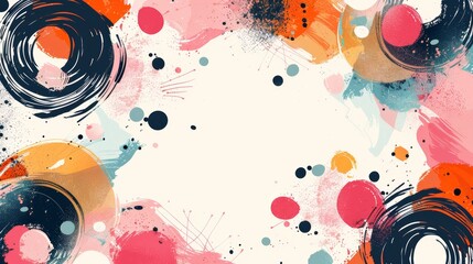 Obraz premium Abstract colorful background with brushstrokes and dots around a white center space.