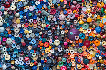 A densely packed collection of buttons in various shapes, sizes, and colors, covering the entire frame. The buttons range from simple round ones to ornate designs, with hues spanning the rainbow.