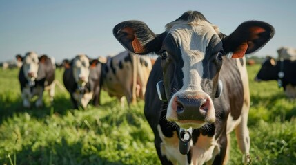 A group of dairy cows wear smart collars that track their daily movements and behaviors using AI to analyze the data to improve strategies.