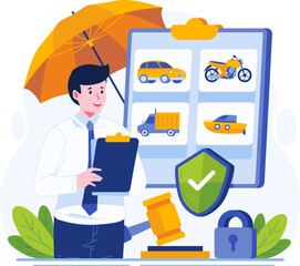 A Male Insurance Agent Holding a Clipboard With a Paper Document Policy. Vehicle Insurance Concept Illustration
