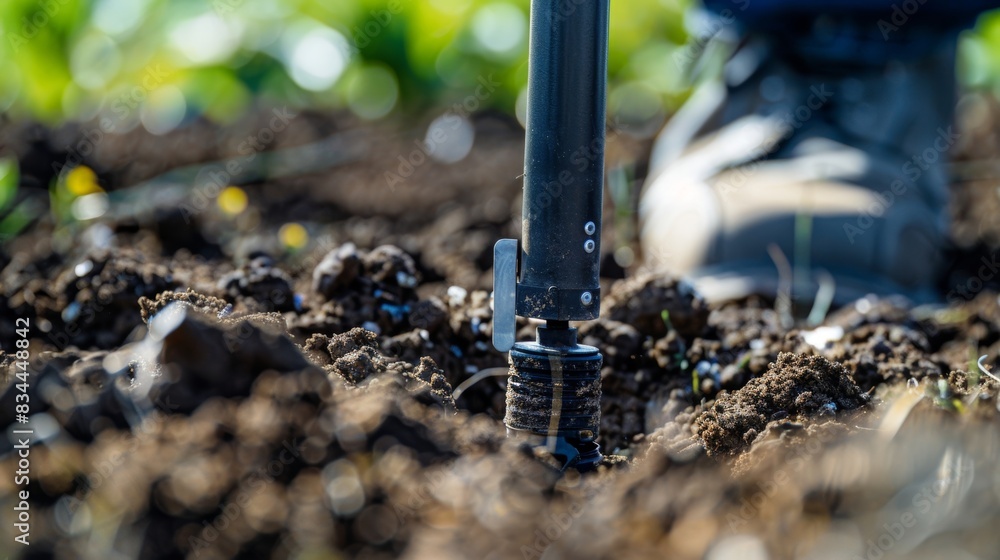 Poster closeup of a soil compaction sensor being p in the ground ready to measure moisture levels and nutri