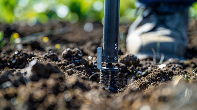 Closeup of a soil compaction sensor being p in the ground ready to measure moisture levels and nutrient levels.