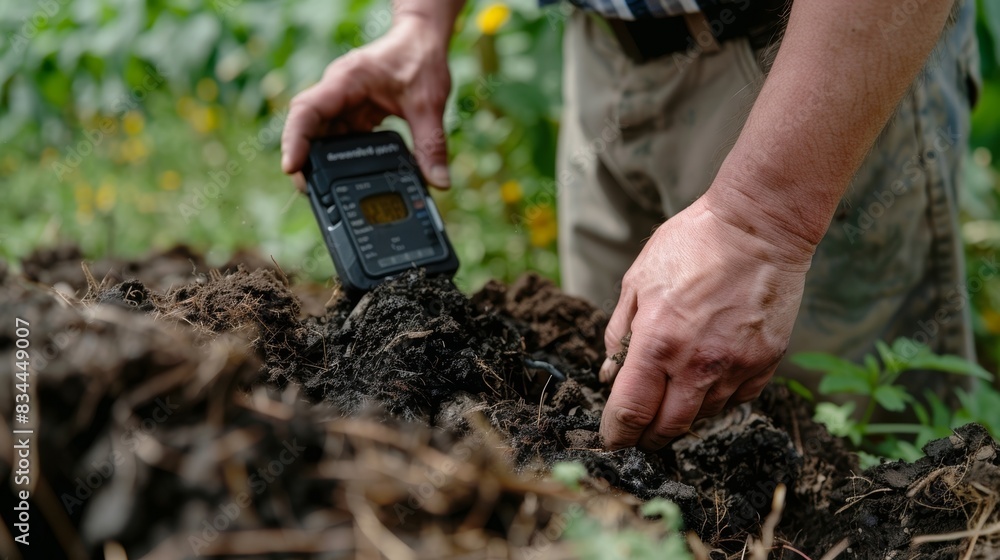 Poster a farmer using a smart compost moisture meter to determine the perfect moisture level for their comp