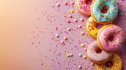 Colorful donuts with sprinkles on a pink background.