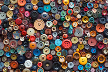 A densely packed collection of buttons in various shapes, sizes, and colors, covering the entire frame. The buttons range from simple round ones to ornate designs, with hues spanning the rainbow.