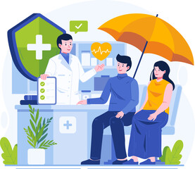 Healthcare and Medical Insurance Concept Illustration. A Male Doctor Explains Insurance Coverage to a Young Patient Couple