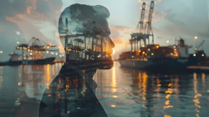Obraz premium Silhouette of a man with a cityscape overlayed, standing against the backdrop of a bustling harbor at sunset.