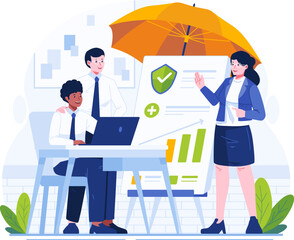 A Female Insurance Agent Giving a Presentation About Insurance to Two Male Office Workers. Health and Work Insurance Illustration Concept