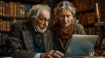 Senior Couple Intently Facing Laptop with Financial Consultant in Traditional Home Office