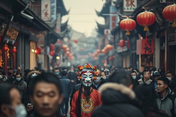 Naklejka premium A street filled with people wearing masks and costumes for Chinese New Year
