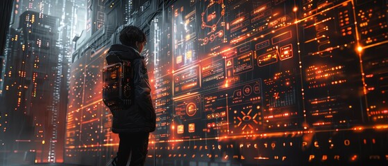 A person standing in front of a futuristic, glowing data screen, exploring a digital landscape filled with algorithms and codes.