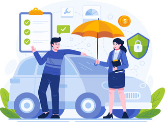 Car Insurance Concept Illustration. A Male Car Owner With His Car Under an Umbrella Held by a Female Insurance Agent. Accident Protection for Vehicles, Safety Assurance Service