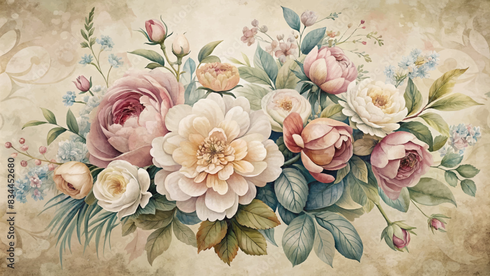 Wall mural vintage style bouquet of flowers watercolor background