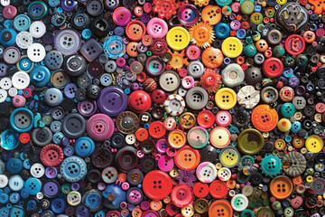 A densely packed collection of buttons in various shapes, sizes, and colors, covering the entire frame. The buttons range from simple round ones to ornate designs, with hues spanning the rainbow.