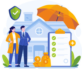 House Insurance Illustration. A Happy Couple With a House Covered by Insurance. Home Protection Insurance Concept