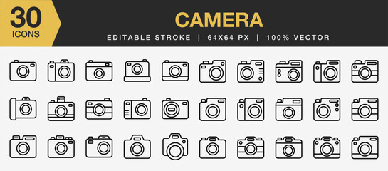 Set of 30 Camera icon set. Editable Stroke Icon Collection. Includes camera lens, flash, box camera, video camera and More. Outline icons vector collection.