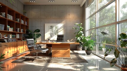Office in bright light of the space area with windows, Generative AI 