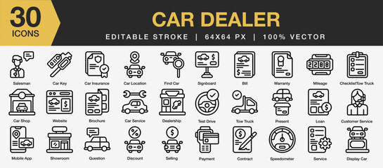 Set of 30 Car Dealer icon set. Editable Stroke Icon Collection. Includes salesman, brochure, car sevice, display car, warranty and More. Outline icons vector collection.