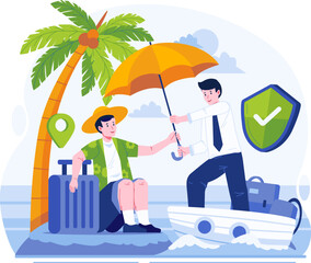 A Male Insurance Agent Holding an Umbrella Using a Boat Rescued a Stranded Male Traveler. Travel Insurance Concept Illustration