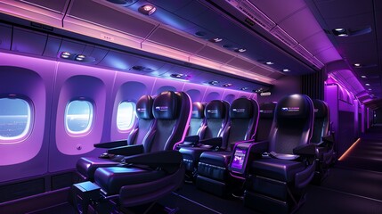 A 3D render of an airplane passenger room, featuring modern seats with personal screens, overhead compartments, and ambient lighting