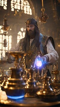 A mysterious figure in historical attire stands amidst ornate objects