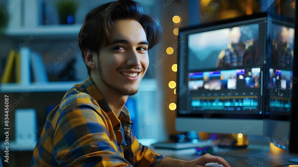 Poster focused young computer animator effortlessly editing video content in home office setup
