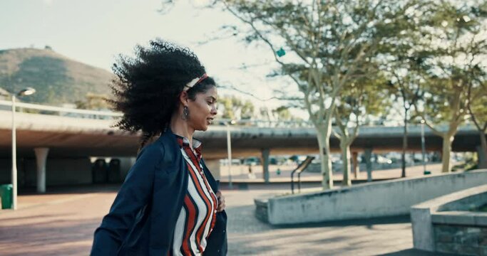 Business, woman and running or late in town, employee and rushing for meeting and checking watch for time. Corporate professional, appointment and downtown, work office or compliance for schedule