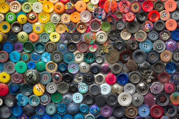 A densely packed collection of buttons in various shapes, sizes, and colors, covering the entire frame. The buttons range from simple round ones to ornate designs, with hues spanning the rainbow.