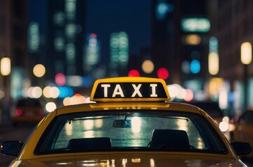 a taxi at dusk or nighttime with city lights in the background