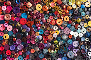 A densely packed collection of buttons in various shapes, sizes, and colors, covering the entire frame. The buttons range from simple round ones to ornate designs, with hues spanning the rainbow.