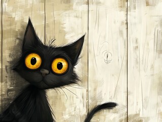 Quirky Black Cat Cartoon Landscape Illustration With Huge Yellow Eyes 