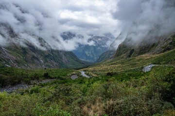 Mountains leading into Milford Sound, Fiordland, New Zealand.