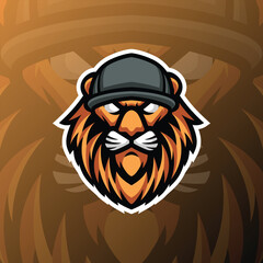 lion head wearing a grey hat and orange background