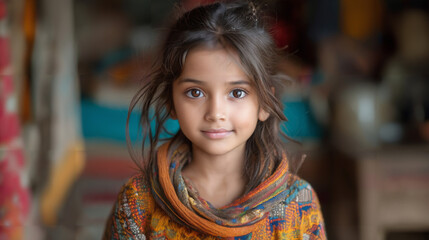 Cute Child. Faint smile with happiness. The little girl in her room. Kid. 85mm F1.2 