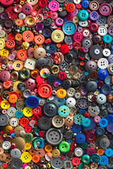 Fototapeta premium A densely packed collection of buttons in various shapes, sizes, and colors, covering the entire frame. The buttons range from simple round ones to ornate designs, with hues spanning the rainbow.
