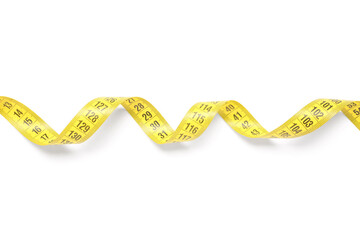 Yellow measuring tape on white background