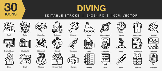 Set of 30 Diving icon set. Editable Stroke Icon Collection. Includes reef, diver, flippers, harpoon, diving suit and More. Outline icons vector collection.